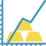 Steigende Kurslinie über drei Goldbarren in einem stilisierten Diagramm